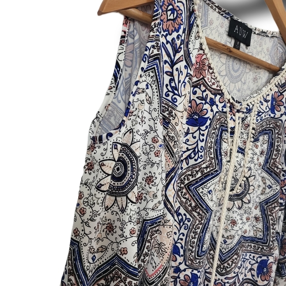 🌿AUW Womens Small Drop Sleeve Multi Print Top with Tassel Ties-So cute! - Picture 7 of 12